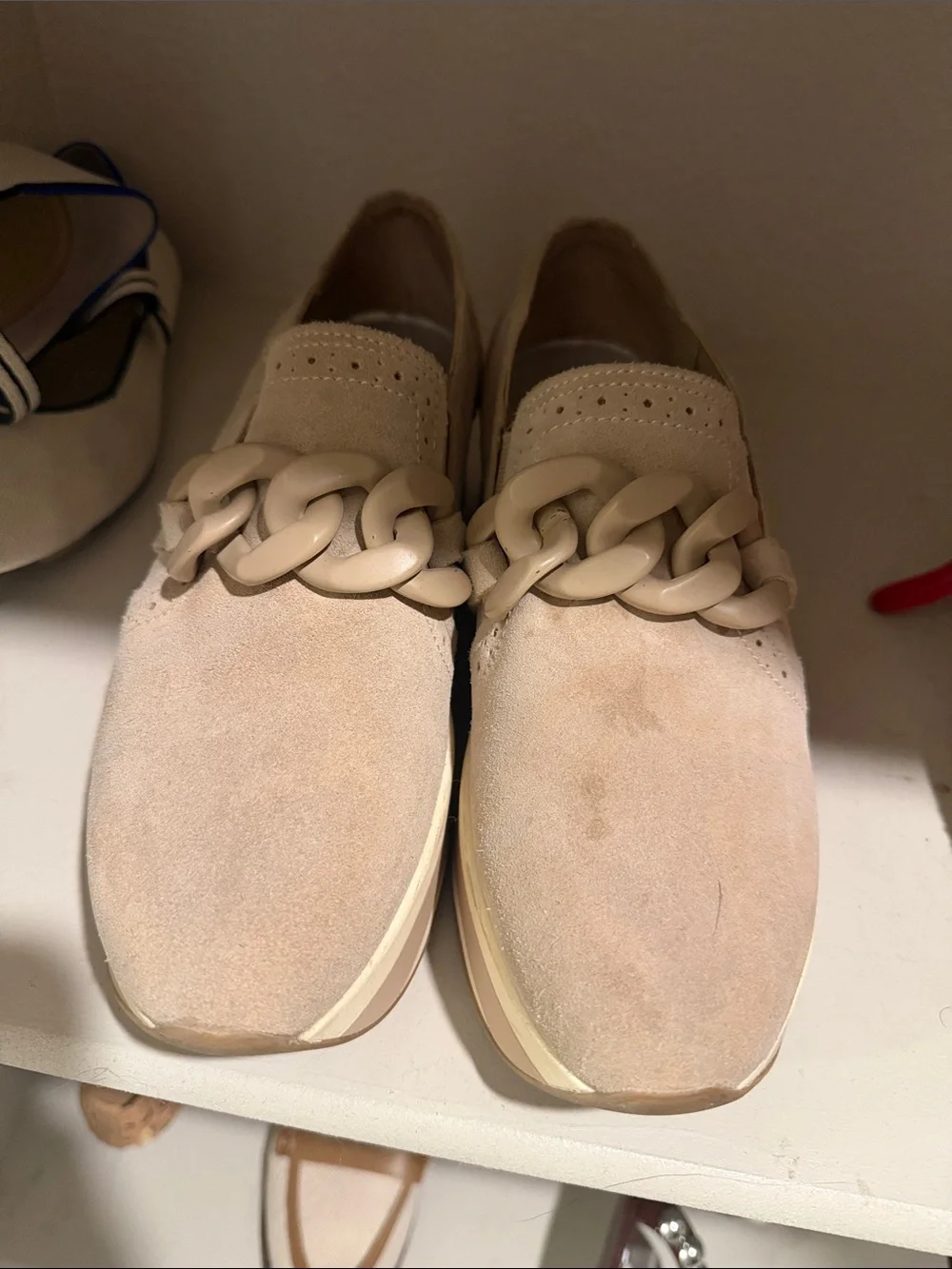 Dolce vita Neutral Beige Suede Platform Slip-On Loafers with Chain Detail